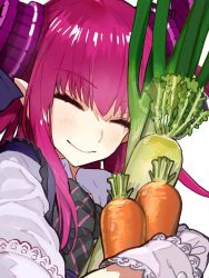 10s 1girl ^_^ bad_id bad_twitter_id black_bow bow bowtie bun_cover carrot close-up closed_eyes daikon elizabeth_bathory_(fate) elizabeth_bathory_(fate/extra) eyebrows fate/extra fate/extra_ccc fate_(series) female_focus frills gothic_lolita hair_ribbon horns hugging_object lolita_fashion long_hair official_art pink_hair pointy_ears radish ribbon simple_background smile solo spring_onion two_side_up upper_body wada_arco white_background wince