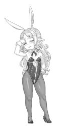 1girl animal_ears blush breasts fake_animal_ears full_body granblue_fantasy greyscale harvin highres leotard long_hair looking_at_viewer milleore monochrome pantyhose playboy_bunny pointy_ears rabbit_ears small_breasts solo transparent_background wince yggsil