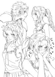 1boy 1girl aerith_gainsborough armor bare_shoulders blush braid braided_ponytail breasts collarbone couple crisis_core_final_fantasy_vii dress final_fantasy final_fantasy_vii hair_ribbon hands_on_own_cheeks hands_on_own_face heart heartbeat highres long_hair looking_at_another multiple_views parted_bangs parted_lips ponytail profile puff_of_air ribbed_sweater ribbon short_hair shoulder_armor sleeveless sleeveless_dress sleeveless_turtleneck small_breasts spiked suma_nainainai sweater turtleneck turtleneck_sweater upper_body white_background zack_fair