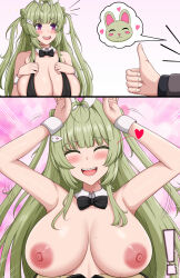 Rule 34 | 1boy, 1girl, :d, accidental exposure, animal ears, antenna hair, arms up, black bow, black bowtie, black leotard, bow, bowtie, breasts, breasts out, closed eyes, commander (nikke), detached collar, fake animal ears, goddess of victory: nikke, green hair, heart, heart antenna hair, highres, large breasts, leotard, long hair, mole, mole on breast, nipples, open mouth, pink eyes, playboy bunny, rabbit ears, rabbit pose, rabbitttt, smile, soda (nikke), soda (twinkling bunny) (nikke), strapless, strapless leotard, twintails, wrist cuffs