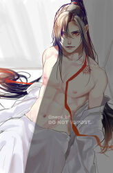 Rule 34 | 1boy, abs, alternate costume, bare pectorals, bishounen, black hair, chest tattoo, clothes down, groin, hair ribbon, highres, long hair, looking at viewer, male focus, modao zushi, navel, nipples, off shoulder, open clothes, open robe, pants, partially undressed, pectorals, ponytail, red eyes, red ribbon, ribbon, robe, robe partially removed, shade, sitting, solo, tattoo, topless male, twitter username, very long hair, watermark, wei wuxian, white pants, white robe, ykmr (haga)