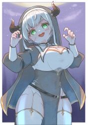 +_+ 1girl ;d amari_(ama_shiiiiiiba) black_dress black_veil blush breast_curtains breasts claw_pose cleavage cleavage_cutout clothes_lift clothing_cutout coif commentary dress fake_scar framed_breasts garter_straps gold_trim green_eyes grey_hair guimpe halloween halloween_costume highres hololive horns large_breasts long_dress long_hair long_sleeves looking_at_viewer night night_sky nun official_alternate_costume official_alternate_hair_length official_alternate_hairstyle one_eye_closed open_mouth pelvic_curtain pelvic_curtain_lift pixie_cut shirogane_noel shirogane_noel_(battle_nun) short_hair sky smile solo stitches teeth thick_thighs thighhighs thighs upper_teeth_only veil virtual_youtuber white_garter_straps white_thighhighs