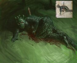 1boy armor chainmail crawling full_armor helmet highres kneeling knight looking_at_viewer lying male_focus olliemnjones on_floor original reference_inset solo stab sword weapon