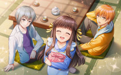 1girl 2boys ^_^ apron artist_name brown_hair closed_eyes collared_shirt cup closed_eyes from_above fruits_basket grey_eyes hair_ribbon honda_tooru hood hoodie kimopoleis multiple_boys open_mouth orange_eyes orange_hair pants ribbon shirt silver_hair sitting smile sohma_kyou sohma_yuki sparkle table tatami tea teacup teapot