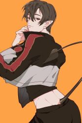 Rule 34 | 1boy, ass, black hair, black jacket, black pants, black shirt, brown eyes, brown hair, chinese commentary, demon boy, demon tail, eyelashes, hair between eyes, hand on own face, hand up, jacket, long sleeves, looking at viewer, looking back, male focus, midriff, multicolored jacket, naijarski, orange background, pants, parted lips, pointy ears, quan zhi gao shou, shirt, short hair, simple background, smile, solo, tail, white jacket, ye xiu