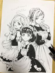 3girls :3 apron arm_at_side arms_at_sides art_tools_in_frame artist_name asymmetrical_bangs asymmetrical_hair bare_shoulders black_hair blush bow bowtie braid breasts center-flap_bangs child choker closed_mouth commentary_request corset cowboy_shot dated detached_sleeves dress earrings english_text eyelashes fingernails frilled_apron frilled_choker frilled_headwear frilled_thigh_strap frills from_side fujimoto_rina fukuyama_mai hair_bun hand_up height_difference high_collar high_ponytail highres hyodo_rena idolmaster idolmaster_cinderella_girls ink_(medium) jewelry juliet_sleeves large_breasts long_hair long_sleeves looking_at_viewer looking_to_the_side maid maid_apron maid_headdress marine_(confeitokobo) medium_breasts multiple_girls nib_pen_(medium) one_eye_closed pen_(medium) photo_(medium) ponytail puffy_sleeves side_braid signature sleeveless sleeveless_dress smile split_mouth standing straight_hair stud_earrings thigh_strap traditional_media twitter_username underbust v