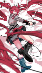 1girl absurdly_long_hair alternate_hair_length alternate_hairstyle ankle_socks black_boots black_sleeve_cuffs boots bow cable from_behind frown grey_jacket grey_shorts grey_skirt hair_bow hair_ribbon hashtag-only_commentary highres holding holding_microphone jacket kasane_teto kasane_teto_(sv) lace-up_boots layered_skirt layered_sleeves long_hair long_sleeves looking_back michihirogswr microphone midriff_peek musical_staff musical_staff_print platform_boots red_eyes red_skirt ribbon shorts shorts_under_skirt skirt skirt_set socks solo striped_clothes striped_skirt striped_sleeves synthesizer_v utau very_long_hair white_background white_bow white_ribbon