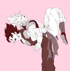 2boys abs arms_locked closed_eyes cropped_vest dougi dragon_ball dragon_ball_super dragon_ball_super_broly earrings feet_out_of_frame full_body gloves gogeta greyscale jewelry knees_up lifting_person locked_arms looking_at_another looking_back loose_hair_strand lying male_focus medium_hair metamoran_vest monochrome multiple_boys muscular muscular_male nipples no_shirt on_back open_clothes open_mouth open_vest pants pectorals pink_background potara_earrings sash shirt shirtless_male shoes short_sleeves simple_background sleeveless smile spiked_hair super_saiyan surprised sweatdrop teeth trait_connection undershirt vegetto vest wrist_cuffs yaoi