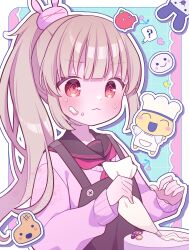 1girl ? apron black_apron black_sailor_collar blonde_hair blush closed_mouth commentary_request cream cream_on_face food food_on_face hair_ornament highres holding long_sleeves natori_sana natori_sana_(school_uniform) orange_eyes pink_sweater ponytail rabbit_hair_ornament sailor_collar sana_channel school_uniform serafuku solo spoken_question_mark sweat sweater tamagotchi umecha_0 virtual_youtuber