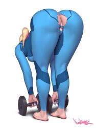 1girl ass barefoot blonde_hair blue_nails breasts cameltoe exercising large_breasts latex long_hair looking_at_viewer metroid nail_polish nintendo panties pinkdrawz ponytail samus_aran solo thick_thighs thighs toenail_polish toenails toes torn_clothes underwear watermark web_address weightlifting white_panties zero_suit