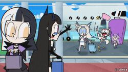 0rbitten 5girls ^_^ aircraft airplane airport animal_ears arm_up asymmetrical_horns backpack bag black_coat black_corset black_dress black_gloves black_hair black_jacket blonde_hair blue_eyes blue_hair blue_hairband blue_sky boots center-flap_bangs chest_jewel circlet closed_eyes clothing_cutout cloud coat collared_shirt commentary corset cropped_jacket cropped_shirt day dog_ears dog_girl dog_tail double-parted_bangs dress elbow_gloves english_commentary falling fur-trimmed_coat fur-trimmed_jacket fur_trim fuwawa_abyssgard fuwawa_abyssgard_(1st_costume) gem glance gloves grey_hair hair_flaps hairband highres holoadvent hololive hololive_english horn_hairband horns jacket kneehighs koseki_bijou koseki_bijou_(1st_costume) long_hair mococo_abyssgard mococo_abyssgard_(1st_costume) multicolored_hair multiple_girls nerissa_ravencroft official_art outdoors outstretched_arm pink_hair pink_hairband purple_boots purple_eyes purple_gemstone purple_hair rolling_suitcase shiori_novella shiori_novella_(1st_costume) shirt shoes short_hair short_shorts shorts shoulder_cutout single_thighhigh sky slipping socks split-color_hair streaked_hair suitcase tail thighhighs toon_(style) two_side_up uneven_horns very_long_hair virtual_youtuber waving white_dress white_shirt white_shoes white_shorts yellow_eyes