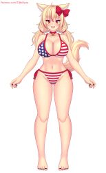 Rule 34 | 1girl, ahoge, american flag, american flag bikini, american flag print, animal ears, barefoot, bell, bikini, black nails, blonde hair, blush, bow, breasts, cat ears, cat girl, cat tail, cleavage, collar, collarbone, fangs, flag print, flag print bikini, fourth of july, hair bow, highres, indie virtual youtuber, jingle bell, large breasts, long hair, looking at viewer, low twintails, multicolored hair, navel, neck bell, nottytiffy, open mouth, original, print bikini, red bikini, red bow, red eyes, red hair, side-tie bikini bottom, slit pupils, smile, standing, star (symbol), star print, streaked hair, striped bikini, striped clothes, swimsuit, tail, teeth, tiffy (nottytiffy), twintails, virtual youtuber, white background