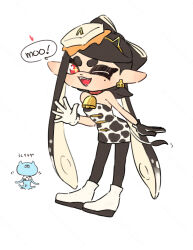 Rule 34 | 1girl, :3, animal ear hairband, animal ears, animal print, ankle boots, bare shoulders, bell, black dress, black gloves, black hair, black pantyhose, black tail, boots, bow-shaped hair, callie (splatoon), choker, commentary request, contrapposto, coula cat, cow ear hairband, cow girl, cow print, cow tail, cowbell, cross-shaped pupils, dot nose, dress, ear piercing, ear tag, fake animal ears, fangs, food-themed hair ornament, gloves, gold hairband, grin, hair ornament, hairband, heart, highres, jellyfish (splatoon), large ears, leaning forward, long hair, looking at viewer, mole, mole under eye, multicolored hair, neck bell, nintendo, one eye closed, pantyhose, piercing, pointy ears, red choker, red eyes, short dress, simple background, smile, solo focus, speech bubble, splatoon (series), strapless, strapless dress, studded choker, suction cups, swept bangs, symbol-shaped pupils, tail, tail wagging, tentacle hair, thick eyebrows, three quarter view, two-tone dress, two-tone gloves, two-tone hair, two-tone tail, v-shaped eyebrows, very long hair, waving, white background, white boots, white dress, white gloves, white hair, white tail