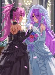 2girls absurdres black_dress black_gloves black_vs_white black_wedding_dress bouquet braid breasts bridal_veil cleavage dress earrings elbow_gloves female_focus flower gloves hair_over_one_eye hair_ribbon heaven_burns_red highres holding holding_bouquet jewelry kura_satomi large_breasts lidce long_hair matching_hair/eyes multiple_girls petals pink_eyes pink_hair ponytail purple_eyes purple_hair red_eyes ribbon scar scar_on_back standing tsukishiro_monaka veil wedding wedding_dress white_dress white_gloves wife_and_wife yuri