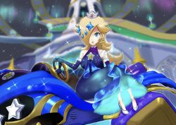 1girl a3_k306021 blonde_hair blue_eyes crown dress earrings elbow_gloves gem_hair_ornament gloves gradient_clothes gradient_dress hair_over_one_eye jewelry long_hair mario_(series) mario_kart mario_kart_world mini_crown nintendo rosalina rosalina_(aurora) star_(symbol) star_earrings