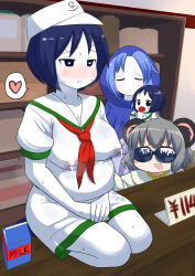 114514_(meme) 4girls anchor_symbol animal_ears baby black_eyes black_hair blue_hood blush breasts colored_skin cookie_(touhou) flour_(cookie) full_body grey_hair hat heart heart-shaped_pupils highres indoors kumoi_ichirin lactation lactation_through_clothes large_breasts leonardo_16sei looking_at_viewer meme milk_(cookie) milk_carton mouse_ears mouse_girl multiple_girls murasa_minamitsu nazrin neckerchief nyon_(cookie) open_mouth pacifier pregnant red_neckerchief sailor_collar sailor_hat sailor_shirt seiza shelf shirt short_hair sitting smile socks spoken_heart sunglasses symbol-shaped_pupils textless_version touhou variant_set white_hat white_shirt white_skin white_socks