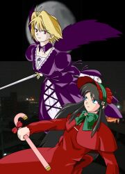 2girls arcueid_brunestud bd77 black_hair blonde_hair blue_eyes bonnet bow breasts capelet cityscape cosplay crossover dated_commentary dress full_moon gothic_lolita grey_hair hairband lolita_fashion long_hair long_sleeves moon multiple_girls night night_sky photo_background red_dress red_eyes rozen_maiden shinku shinku_(cosplay) short_hair sky suigintou suigintou_(cosplay) sword tohno_akiha tsukihime very_long_hair weapon wings