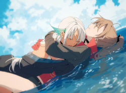 2girls amazuki_jou azur_lane belt black_belt black_jacket black_ribbon breasts brown_hair closed_eyes cloud facial_mark forehead_mark gloves hair_ribbon highres hug jacket jean_bart_(azur_lane) massachusetts_(azur_lane) multiple_girls ocean off_shoulder open_mouth ponytail red_gloves ribbon sideboob sky smile water wet wet_hair white_hair yuri