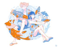 1boy 1girl ;) alternate_costume barry_(pokemon) blonde_hair blue_hair buizel closed_mouth commentary_request dawn_(pokemon) flip-flops flower gen_4_pokemon grin hair_flower hair_ornament highres holding holding_water_gun nintendo omyo_(myomyomyo22) one_eye_closed open_clothes open_shirt piplup pokemon pokemon_(creature) pokemon_dppt sandals scrunchie shirt short_hair shorts signature smile teeth toes water_gun wrist_scrunchie