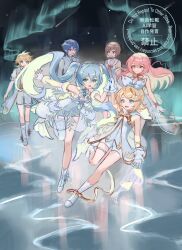 Rule 34 | 2boys, 4girls, absurdres, alternate costume, aqua hair, blonde hair, blue hair, brown hair, commentary, dress, gloves, gramophone len, gramophone luka, gramophone miku, gramophone miku (frostflower), gramophone rin, hatsune miku, hc (razel1), highres, kagamine len, kagamine rin, kaito (vocaloid), long hair, making-of available, megurine luka, meiko (vocaloid), miku symphony (vocaloid), multiple boys, multiple girls, open mouth, pink hair, short hair, shorts, smile, twintails, very long hair, vocaloid, watermark, white dress, white gloves, white shorts