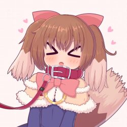 &gt;_&lt; 1girl animal_ears bow_alma brown_hair collar dog_ears dog_girl dog_tail emil_chronicle_online hair_ribbon highres leash open_mouth pink_ribbon ribbon rna0 tail white_background