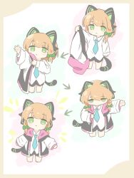 Rule 34 | 1girl, animal ear headphones, animal ears, arrow (symbol), barefoot, black jacket, black shorts, black tail, blonde hair, blue archive, blue necktie, blush, border, bow, brown border, cat ear headphones, cat ears, cat tail, chibi, chibi only, closed mouth, collared shirt, commentary request, dressing, fake animal ears, fake tail, green bow, green eyes, hair bow, headphones, highres, holding unworn jacket, jacket, long sleeves, looking at viewer, low-tied sidelocks, matutya0212, midori (blue archive), multicolored jacket, necktie, no halo, open clothes, open jacket, pink jacket, shirt, short hair, shorts, sidelocks, standing, tail, white background, white jacket, white shirt