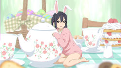 1girl absurdres animal_ears barefoot basket black_hair blurry brown_eyes cake chromatic_aberration cup depth_of_field easter easter_egg egg fake_animal_ears female_focus food highres k-on! kemonomimi_mode leaning_forward long_hair long_sleeves looking_at_viewer mini_person minigirl nakano_azusa naked_sweater oku_no_shi on_table open_mouth oversized_object pink_sweater rabbit_ears rabbit_tail saucer sitting sleeves_past_wrists solo strawberry_shortcake sweater table tablecloth tail tea_set teacup teapot twintails yokozuwari