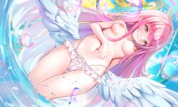 1girl bikini blue_archive breasts ccczr commentary_request feathered_wings halo highres large_breasts large_variant_set long_hair low_wings mika_(blue_archive) navel nipples paid_reward_available pink_hair solo swimsuit variant_set white_wings wings yellow_eyes
