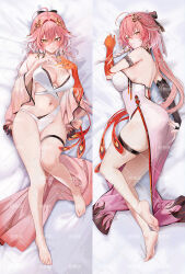 1girl ahoge alternate_costume armpit_crease ass back bare_legs bare_shoulders barefoot bed bed_sheet black_bow black_bridal_gauntlets black_collar blush body_markings bow braid breasts bridal_gauntlets casual_one-piece_swimsuit changli_(wuthering_waves) china_dress chinese_clothes chinese_commentary closed_mouth collar colored_extremities commentary_request dakimakura_(medium) dress feather_hair feet fingernails four-finger_heart_hands from_above full_body gloves hair_between_eyes hair_bow hair_extensions hair_intakes hair_ornament hand_on_own_ass heart heart_hands large_breasts legs long_hair looking_at_viewer lying median_furrow merchandise_available multicolored_hair multiple_views nail_polish navel on_back on_bed on_side one-piece_swimsuit orange_eyes paid_reward_available parted_lips pink_hair red_hands red_nails ring_hair_extensions ru_zhai sample_watermark sheet_grab shoulder_blades side_slit single_glove skindentation smile soles stomach swimsuit tacet_mark_(wuthering_waves) thigh_strap thighs toes twin_braids two-tone_hair very_long_hair watermark watermark_grid white_dress white_hair white_one-piece_swimsuit wuthering_waves yellow_eyes