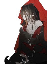 Rule 34 | 1boy, 1other, aaawwwssslll, black hair, chinese commentary, cloak, closed eyes, coin, coin mask, collarbone, dao gui yi xian, hair between eyes, highres, holed coin, implied sex, li huowang, long hair, male focus, mask, messy hair, monster, mouth veil, off shoulder, parted lips, red cloak, red robe, robe, saliva, simple background, sitting, tentacle sex, tentacles, tentacles on male, veil, white background, xuan pin