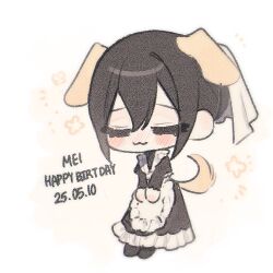 1girl :3 animal_ears apron black_dress black_hair black_shoes blush chi_kan100 chibi chibi_only closed_eyes dated dog_ears dog_girl dog_tail dress flower_symbol frilled_apron frills hair_between_eyes hair_bun happy_birthday juliet_sleeves kimi_no_koto_ga_dai_dai_dai_dai_daisuki_na_100-nin_no_kanojo long_dress long_sleeves maid maid_apron meido_mei nose_blush notice_lines own_hands_together puffy_sleeves raised_eyebrows shoes simple_background single_hair_bun single_hair_intake smile solo standing tail veil white_background white_veil yellow_background