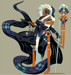 1boy black_skin blue_eyes colored_skin commentary_request edarow extra_arms fangs full_body green_background hood hood_up long_hair male_focus monster_boy muscular muscular_male orange_hair original pectoral_cleavage pectorals pelvic_curtain reptile_boy simple_background solo tail tongue tongue_out very_long_tail
