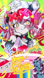 +_+ 1girl :q :t absurdres animal animal_on_head bandaged_chest bare_shoulders bear_hair_ornament black_dress black_nails blush bow cake cat cat_on_head chest_bow colored_skin colored_tongue commentary decora double_bun dress dress_bow earrings english_commentary eyewear_on_head facial_mark fingernails food food_on_face green_background grey_hair grey_skin hair_bun hair_ornament hairpin hand_on_own_cheek hand_on_own_face happy_birthday heart heart_facial_mark heart_hair_ornament heterochromia highres holding holding_spoon hololive hololive_indonesia jewelry kghazir kureiji_ollie kureiji_ollie_(1st_costume) licking_lips long_hair looking_at_viewer mark_under_eye multicolored_hair multicolored_skin multiple_hairpins nail_polish on_head patchwork_skin pink-tinted_eyewear pink_hair puffy_short_sleeves puffy_sleeves purple_tongue red_bow red_eyes red_hair ribbon sarashi sharp_fingernails short_sleeves solo spoon stitched_arm stitched_face stitched_torso stitches sunglasses tinted_eyewear tongue tongue_out torn_clothes torn_dress triangle_earrings two-tone_skin udin_(kureiji_ollie) upper_body virtual_youtuber white_skin wrist_ribbon x-shaped_eyewear yellow_eyes zombie