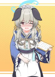 Rule 34 | 1girl, absurdres, animal ear fluff, animal ears, blue archive, brown eyes, dress, female focus, highres, japanese clothes, lmc (pivix), looking at viewer, one eye closed, open mouth, orange background, solo, standing, steam, tears, umika (blue archive), yellow background