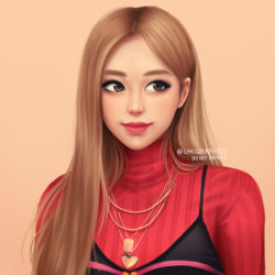 1girl artist_name blackpink brown_eyes brown_hair hair_behind_ear jewelry k-pop long_hair looking_to_the_side multiple_necklaces necklace orange_background pendant real_life red_sweater rose_(blackpink) simple_background solo sweater turtleneck turtleneck_sweater umigraphics upper_body