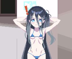 ! 1girl aris_(blue_archive) arms_behind_head bikini black_hair blackredhat blue_archive blue_bikini blue_eyes blue_halo closed_mouth commentary cowboy_shot hair_between_eyes halo highres loli long_hair looking_at_viewer manatsu_no_yo_no_inmu one_side_up solo swimsuit symbol-only_commentary v-shaped_eyebrows very_long_hair