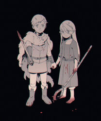1boy 1girl aged_down ambrosia_(dungeon_meshi) armor barefoot belt belt_buckle black_background blood blood_on_clothes blood_on_feet blood_on_hands bloody_weapon boots bracer breastplate buckle choker chromatic_aberration commentary dungeon_meshi elf english_commentary frown furrowed_brow gorget greyscale highres holding holding_hands holding_staff holding_sword holding_weapon laios_touden long_hair marcille_donato monochrome pelt pointy_ears robe short_hair spot_color staff sword tedty33 weapon wide_sleeves
