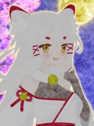 1girl animal_ears black_bodysuit body_freckles bodysuit bow breasts colorful_background commission fox_ears freckles fur_collar gohei hair_between_eyes hair_bow indie_virtual_youtuber japanese_clothes kagari_kitsune large_breasts long_hair long_sleeves messy_hair multicolored_hair nontraditional_miko pastel_colors pink_hair skeb_commission sleeves_past_fingers sleeves_past_wrists slit_pupils white_hair yellow_eyes