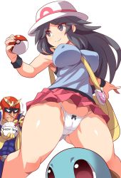 1boy 1girl bag bare_legs black_eyes black_hair blue_bodysuit bodysuit bouncing_breasts breasts cameltoe captain_falcon covered_erect_nipples creatures_(company) curvy eating f-zero game_freak gen_1_pokemon gloves hat highres konno_tohiro large_breasts leaf_(pokemon) legs long_hair miniskirt nintendo panties partially_visible_vulva poke_ball poke_ball_(basic) pokemon pokemon_(creature) pokemon_frlg race_car_driver red_skirt shiny_skin skirt smile squirtle super_smash_bros. thighs thong underwear upskirt view_between_legs white_hat white_panties
