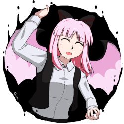 akinashinokura artist_name blush bow breasts closed_eyes demon_wings hair_bow hair_ornament long_hair long_sleeves open_mouth pink-haired_makai_resident_(touhou) pink_hair purple_hair shirt smile touhou touhou_(pc-98) transparent_background vest wings