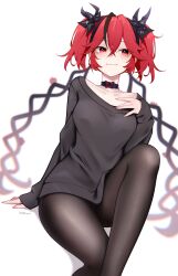 1girl absurdres artist_name black_hair black_pantyhose blush breasts camellya_(wuthering_waves) chromatic_aberration collarbone cowboy_shot crossed_bangs fingernails hair_between_eyes highres long_hair looking_to_the_side medium_breasts multicolored_hair pantyhose pr_ponnyan red_eyes red_hair sidelocks simple_background smile solo two-tone_hair white_background wuthering_waves