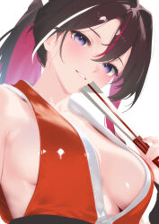 Rule 34 | 1girl, alternate costume, azki (hololive), black hair, breasts, cohi27151463, colored inner hair, commentary request, cosplay, fatal fury, folded fan, folding fan, hair between eyes, hand fan, highres, holding, holding fan, hololive, japanese clothes, light blush, long hair, looking at viewer, medium breasts, multicolored hair, ninja, no bra, pink hair, ponytail, portrait, purple eyes, shiranui mai, shiranui mai (cosplay), smile, solo, streaked hair, street fighter, street fighter 6, teeth, virtual youtuber, white background, white streaks
