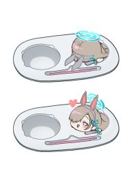 1girl absurdres aqua_eyes aqua_halo aqua_ribbon asuna_(blue_archive) asuna_(bunny)_(blue_archive) blue_archive bright_pupils brown_hair chibi chibi_only commentary elbow_gloves english_commentary face_down gloves grey_gloves hair_over_one_eye hair_ribbon halo heart highres light_blush long_hair looking_at_viewer official_alternate_costume open_mouth ribbon tini very_long_hair white_pupils