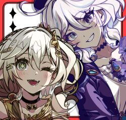 Rule 34 | 2girls, 99 chiri, ahoge, alternate costume, blue eyes, blue hair, border, brooch, choker, collarbone, curly hair, furina (genshin impact), genshin impact, green eyes, green hair, hair between eyes, hair ornament, hairclip, hat, heterochromia, highres, jewelry, long hair, multicolored hair, multiple girls, nahida (genshin impact), one eye closed, parallel hairclips, pendant choker, pointy ears, red border, shaded face, short hair, side ponytail, sidelocks, smile, streaked hair, symbol-shaped pupils, upper body, white hair
