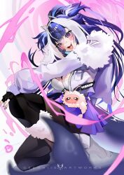 1girl bandaid bandaid_on_face bandaid_on_nose black_gloves black_hair body_markings breasts facial_mark fang fingerless_gloves fur-trimmed_jacket fur_trim geechiis_artworks gloves highres indie_virtual_youtuber jacket long_hair long_sleeves multicolored_hair open_mouth purple_eyes purple_nails shylily smile solo streaked_hair virtual_youtuber white_hair white_jacket zipper