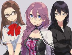 3girls black-framed_eyewear black_dress black_eyes black_hair black_jacket blue_eyes bow bowtie braid braided_ponytail breasts brown_eyes brown_hair capelet closed_mouth collared_shirt commentary cross-laced_clothes cross-laced_dress crossover double-parted_bangs dress eiyuu_densetsu emma_millstein expressionless forehead fushimi_chihiro glasses grey_background haikyuu!! hair_between_eyes hair_over_shoulder isa_(peien516) jacket long_hair looking_at_viewer medium_breasts medium_hair mole mole_under_mouth multicolored_dress multiple_girls parted_bangs persona persona_3 purple_dress purple_hair red_bow red_bowtie round_eyewear sen_no_kiseki sen_no_kiseki_(series) sen_no_kiseki_ii shimizu_kiyoko shirt short_sleeves simple_background small_breasts smile trait_connection upper_body white_capelet white_shirt wing_collar zipper_pull_tab