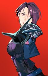 1girl absurdres angry armor black_corset black_gloves breasts commentary corset cropped_jacket fire_emblem fire_emblem:_three_houses from_side gloves highres large_breasts looking_at_viewer nintendo ponzuponta39 purple_eyes purple_hair reaching reaching_towards_viewer red_background shamir_nevrand short_hair shoulder_armor simple_background solo upper_body