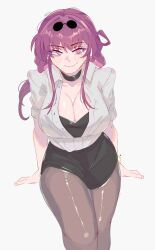 1girl absurdres black_choker breasts choker cleavage eyewear_on_head grey_background grey_pantyhose highres honkai:_star_rail honkai_(series) kafka_(honkai:_star_rail) large_breasts long_hair pantyhose purple_eyes purple_hair shirt simple_background solo sunglasses thighs unfamousradish white_shirt