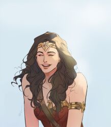 1girl ^_^ armlet armor bare_shoulders blue_background brown_hair circlet closed_eyes dc_comics dc_extended_universe huangdanlan jewelry long_hair open_mouth simple_background smile solo superhero_costume teeth upper_body upper_teeth_only wonder_woman wonder_woman_(series)