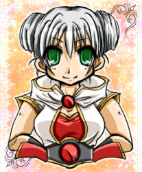 Rule 34 | 1girl, 2000s (style), black gloves, breasts, champion (ragnarok online), champion (vocaloid), closed mouth, coat, commentary request, double bun, gloves, gold trim, green eyes, grey hair, hair bun, hood, hooded coat, looking at viewer, lowres, medium breasts, orange background, ragnarok online, red shirt, shirt, short hair, smile, solo, tomiya airu, upper body, white coat